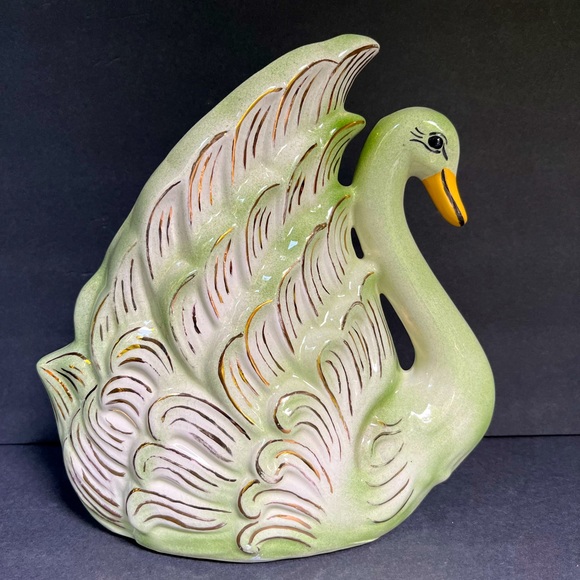 VTG Large Vase Swan Green Victorian Gold Figural Planter Ceramic - Picture 1 of 7